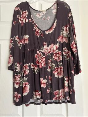 loralette Plum Floral Button-Peplum Tunic with Pink Blooms